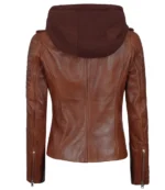 Bagheria Womens Cognac Biker Leather Jacket With Removable Hood