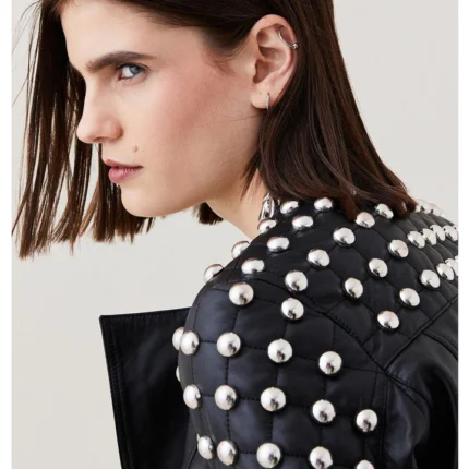Black Women Style Silver Spiked Studded Leather Jacket