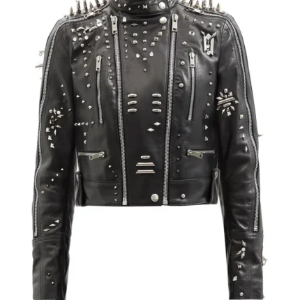 Black Women style Silver Long Spiked Studded Motorcycle Leather Jacket