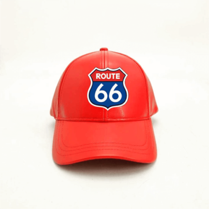 Red Baseball Route 66 Leather Cap