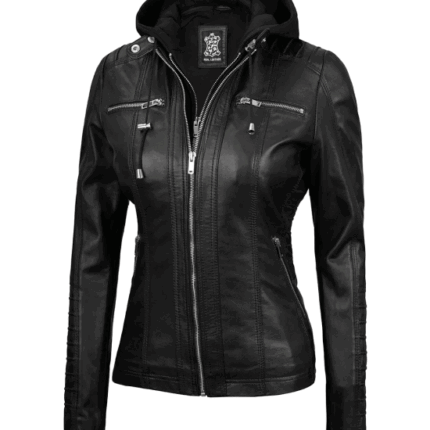 Womens Black Leather Jacket With Removable Hood