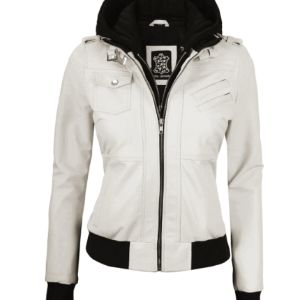 Womens Off-White Leather Jacket With Removable Hood